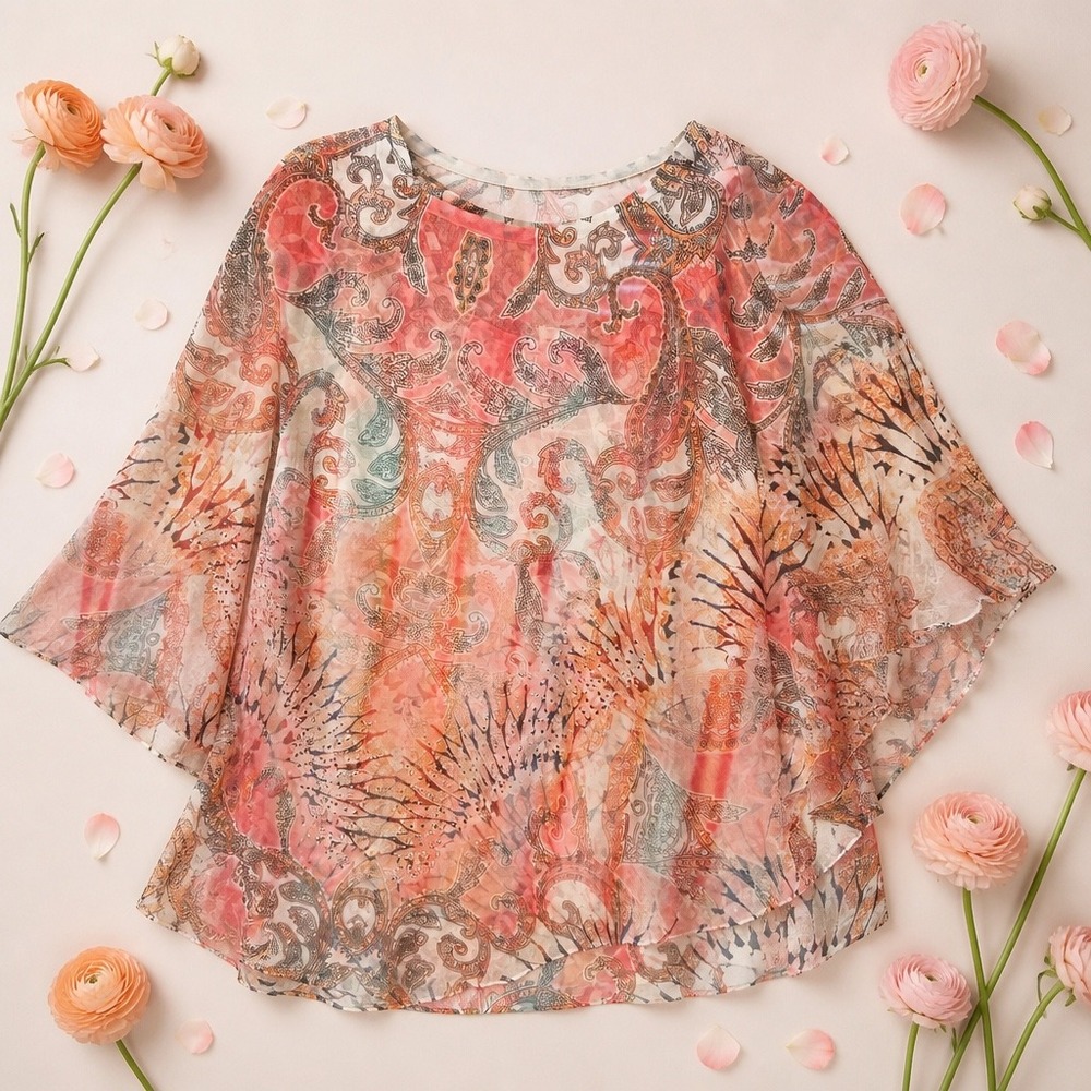 Cato Womens Small Paisley Print 2-Piece Poncho Top Set Coral Blue Rhinestone